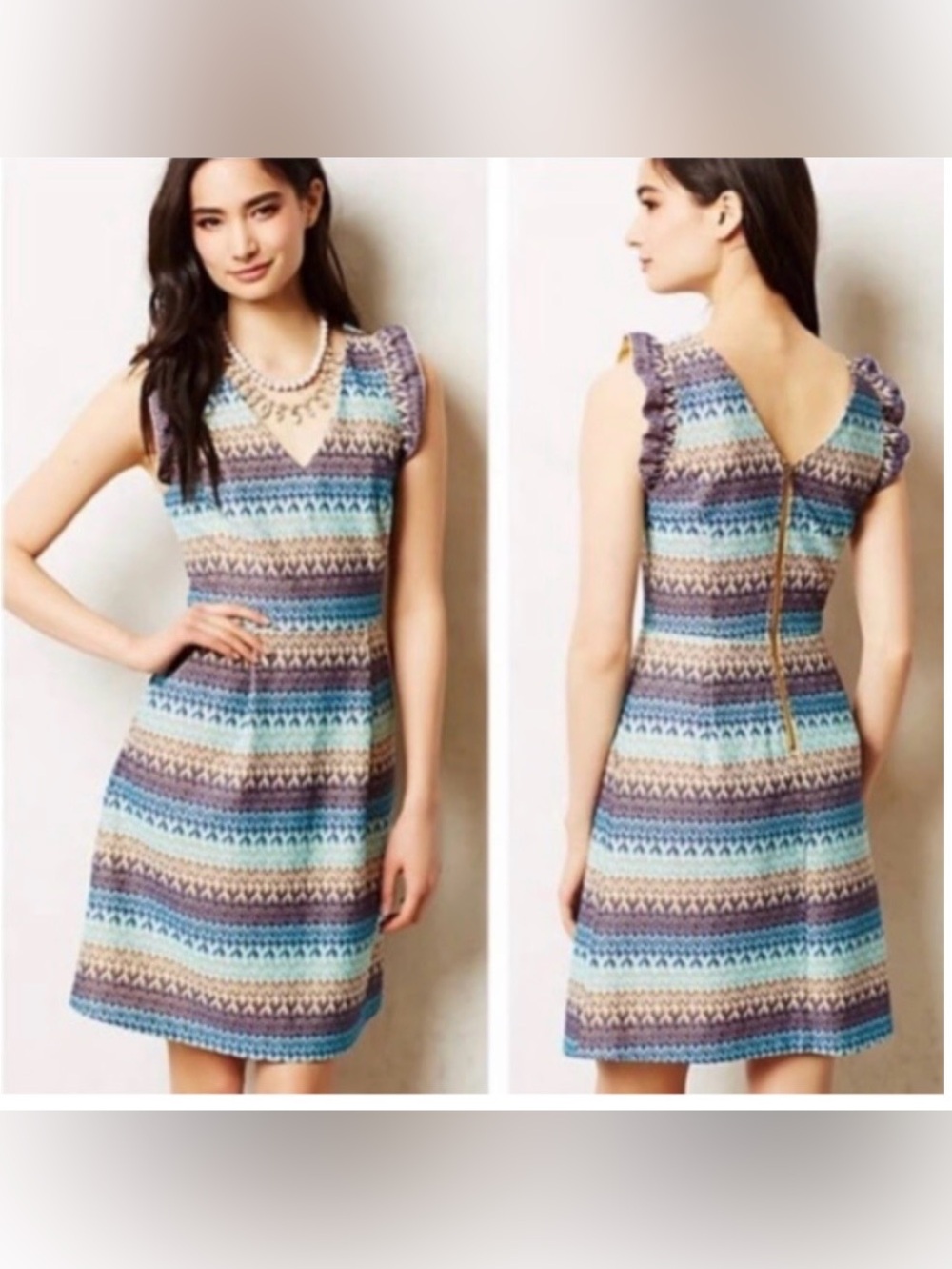 EUC- Anthropologie Sleeveless Striped V-Neck Dress in Blue and Tan